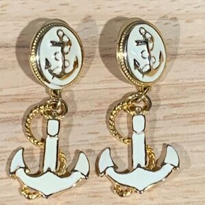 Vintage Park Lane Gold Tone White Enamel Anchor Nautical Drop Post Earrings